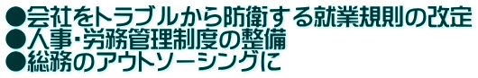 ●会社をトラブルから防衛する就業規則の改定 ●人事・労務管理制度の整備 ●総務のアウトソーシングに